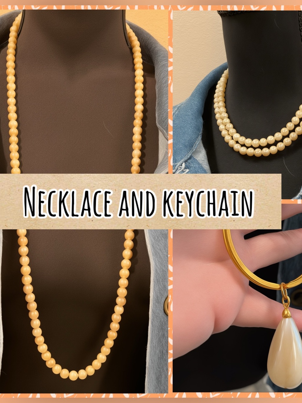 N293 32” Pearl Necklace with Gold Teardrop key chain (can use as a pendant)